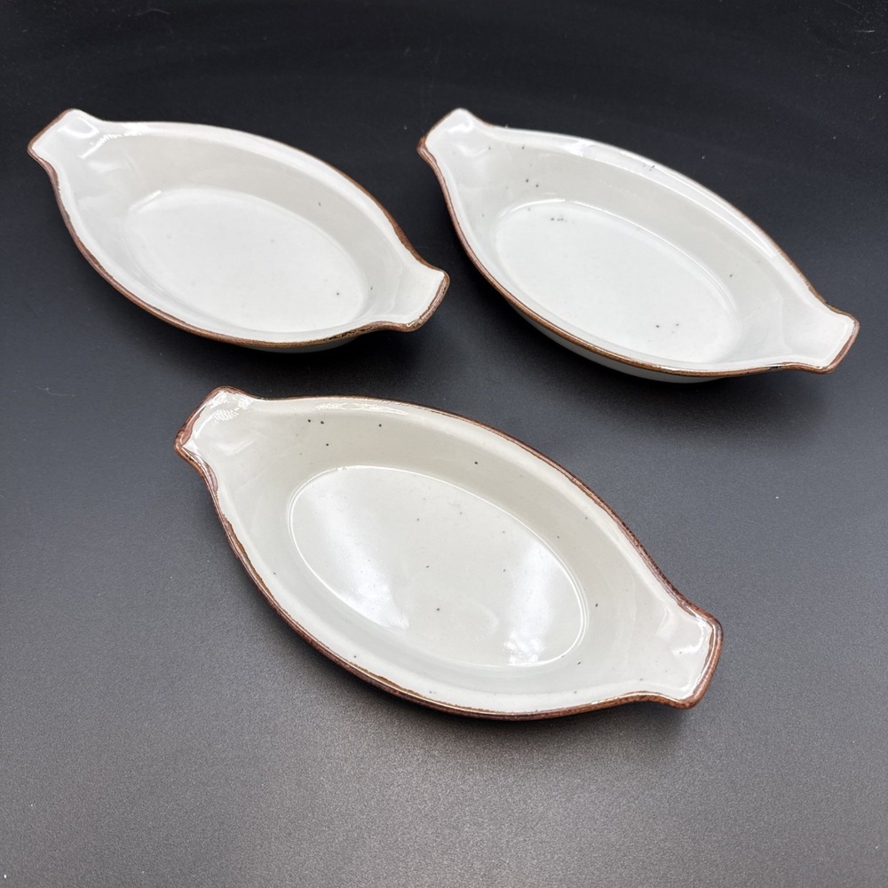 3 Individual Baking Au Gratin White w/ Brown Rims EUC - Picture 1 of 7